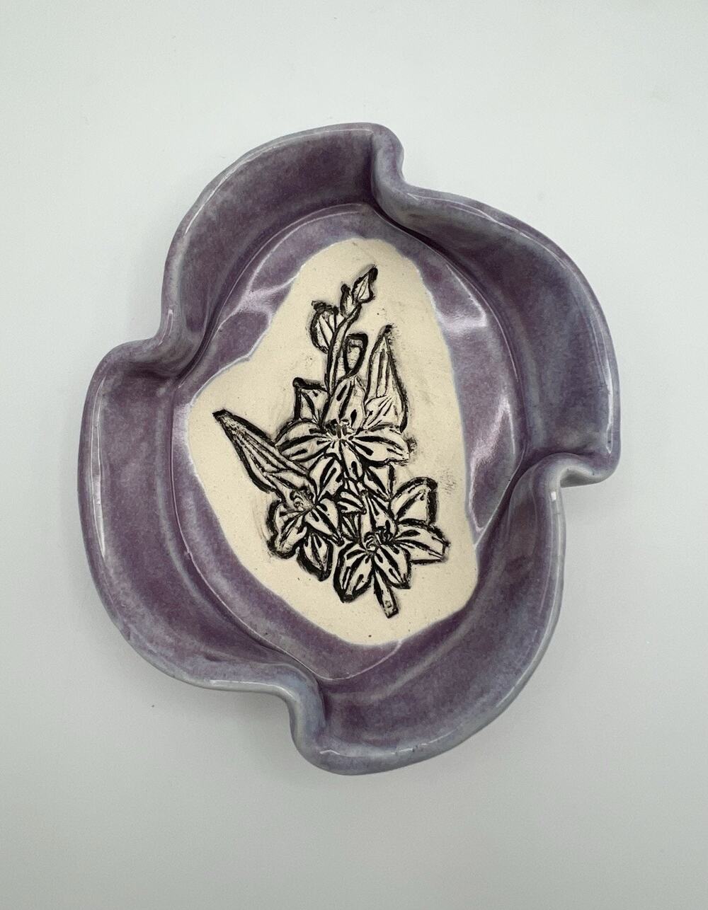 Art Pottery Purple Floral Gladiolus Footed Trinket Dish 5” Impressed Florals